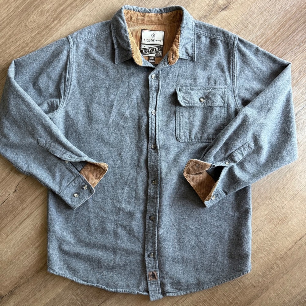 Legendary Whitetails Buck Camp Flannel Shirt Men Medium Gray Corduroy Trim Lined